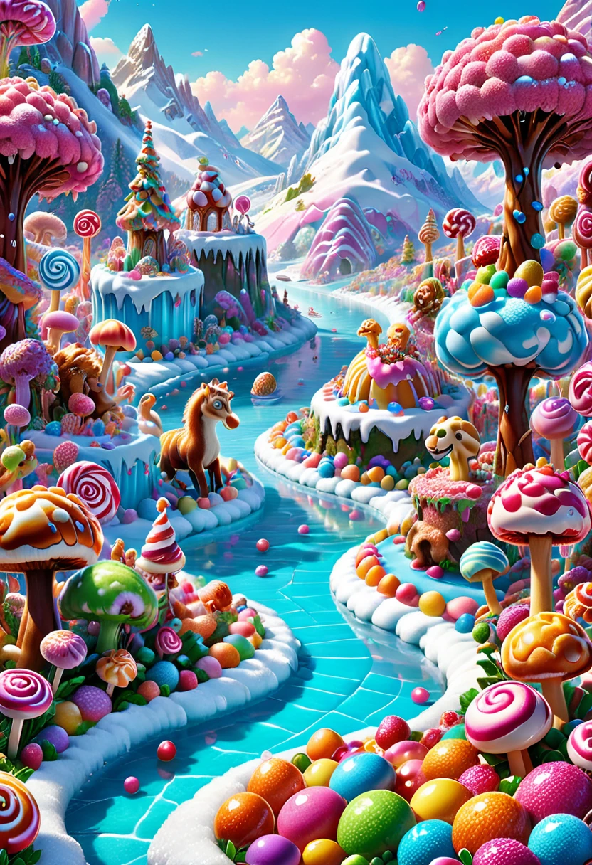 Candyland, Ice Age, by Lisa_Frank, (masterpiece, best quality, Professional, perfect composition, very aesthetic, absurdres, ultra-detailed, intricate details:1.3)