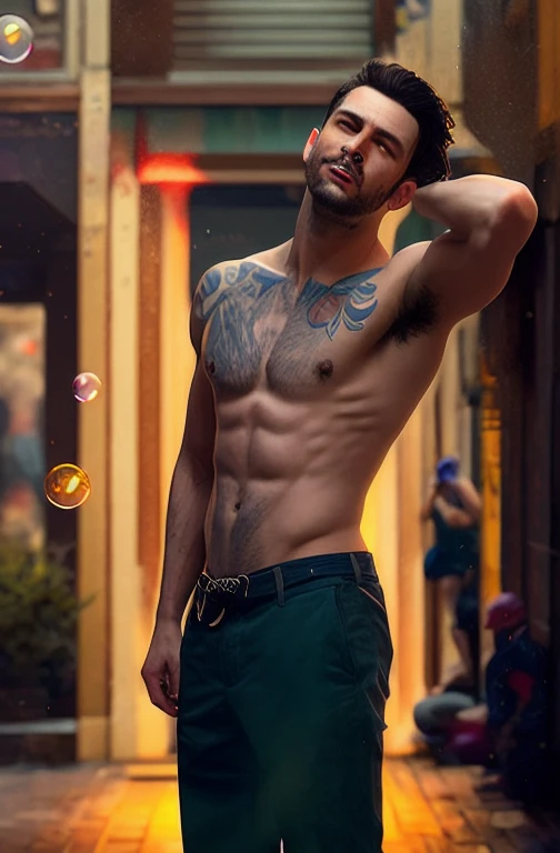 snthwve nvinkpunk style handsome man drunk like sandman rave, (hallucinating colorful soap bubbles), por Jeremy Mann, por Sandra Chevier, por Dave Mckean e Richard Avedon e Maciej Kuciara, punk rock, garota tanque, Altamente detalhado, 4K, RTX