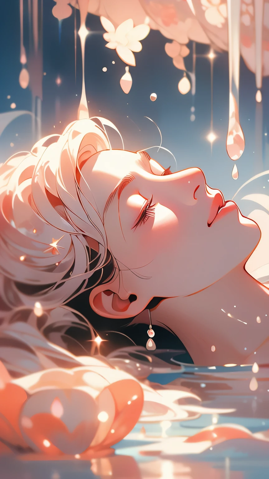 A person lying in water,With fluid abstract,Reflection and mirroring styles,Clear light pink,Clear water,White soap bubbles,Bokeh shots,Close-up from the neck up,Head close-up