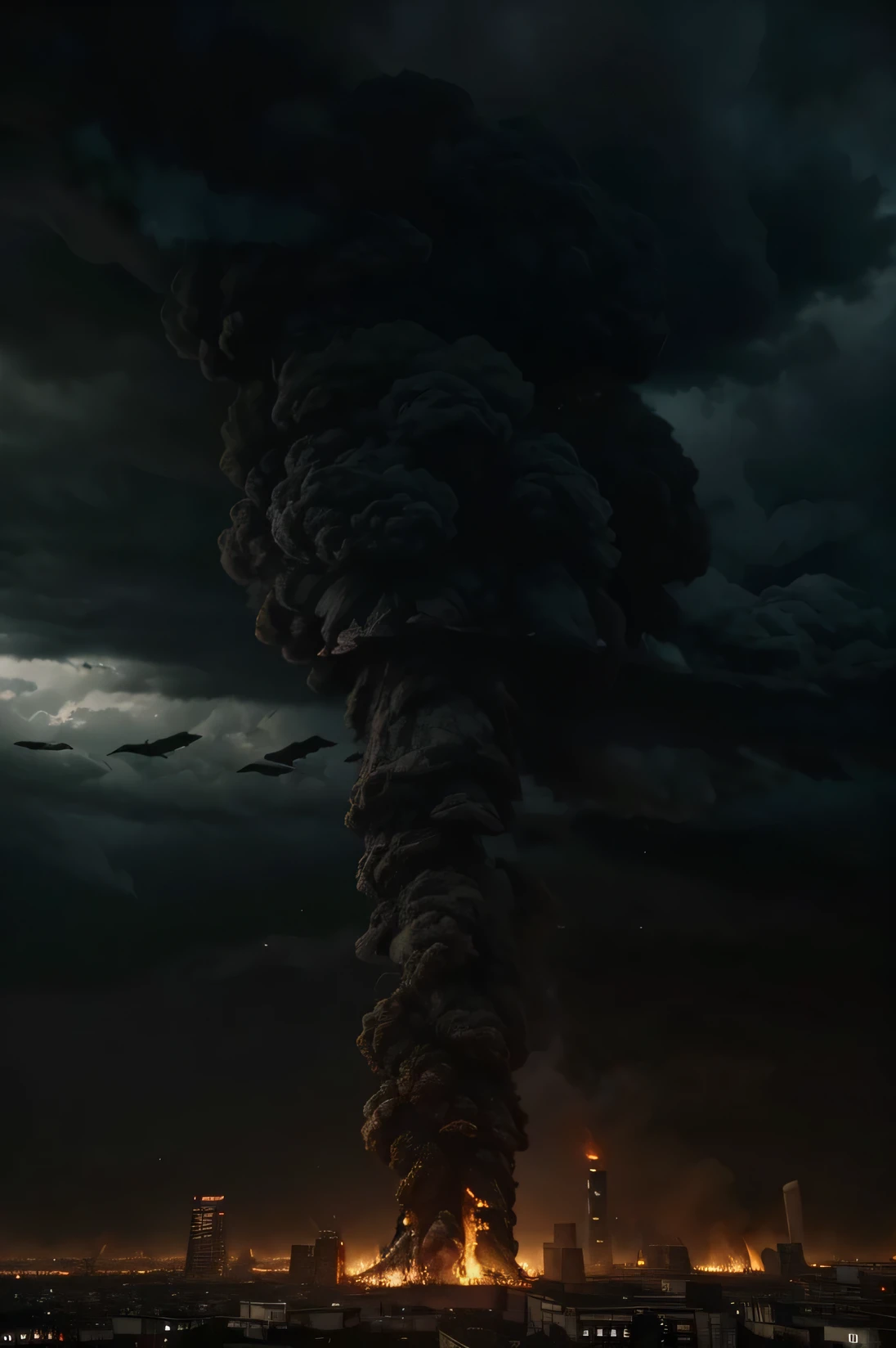 - Prompt: Describes an apocalyptic scene where cities are consumed by a storm of fire and steel.. The skies are dark with ash and the air is poisonous. Los sobrevivientes emergen de las ruinas para encontrarse en un mundo irreconocible y hostil.