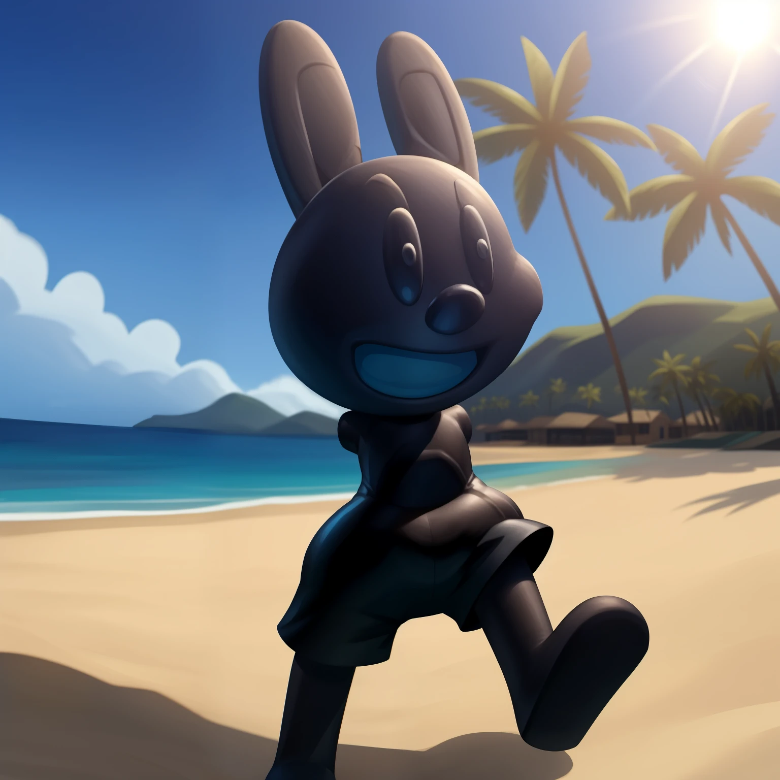 Oswald, armless, missing arm, no weapons, black eyes, blue shorts, open smile, big and wide mouth, Agape, There are white dots on the ears, stare at the viewer, whole body, Enjoy this place, Dynamic angle, beach background, detailed art, Palm trees, intricate details