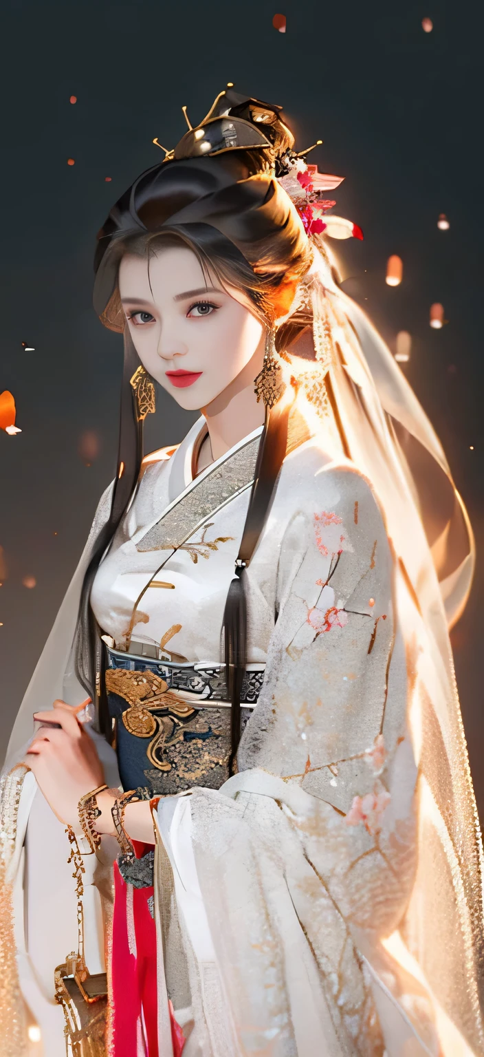 Beautiful details for girl，Very detailed eyes and face，beautiful eye details，Super detailed，high resolution，Very detailed，best quality，illustration，Exquisite details，best quality，Very detailed CG，8K wallpaper，a girl，trees，long black hair，ponytail，Gold ornaments，bracelet，(white veil)，Scenery of the Western Regions，with machete，(((pink clothes)))，peach blossom，lantern，complex texture，hanfu，Dunhuang style，ribbon，complex background，