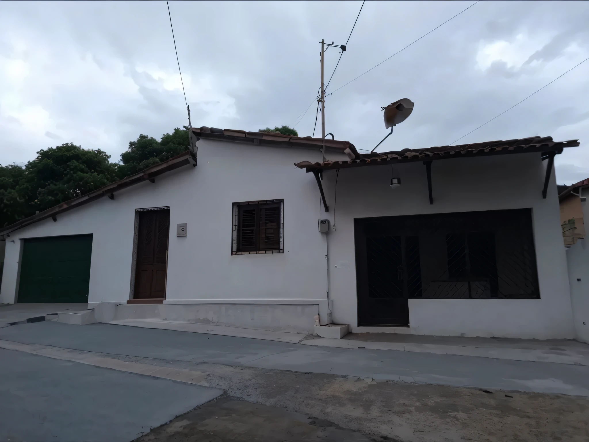 Front view of an exposed brick house, com uma garagem com porta de madeira, uma porta de madeira, uma janela de madeira, Portuguese ceramic tile roof, cinematic quality.