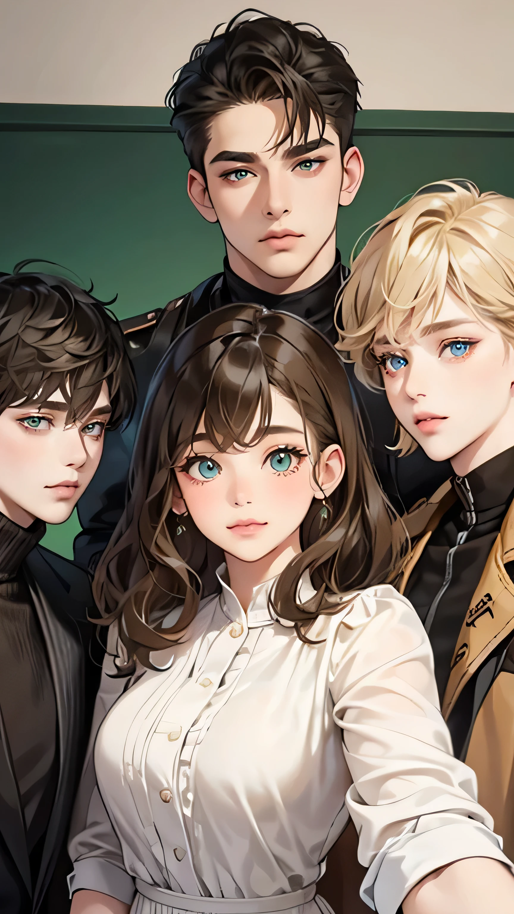 A chubby woman. She has short wavy blonde hair, green eyes. She is taking a selfie with her friends, a girl and two boys. One of the boys has black hair and eyes, the other has brown hair and blue eyes. The girl friend has black hair and brown eyes. 4friends