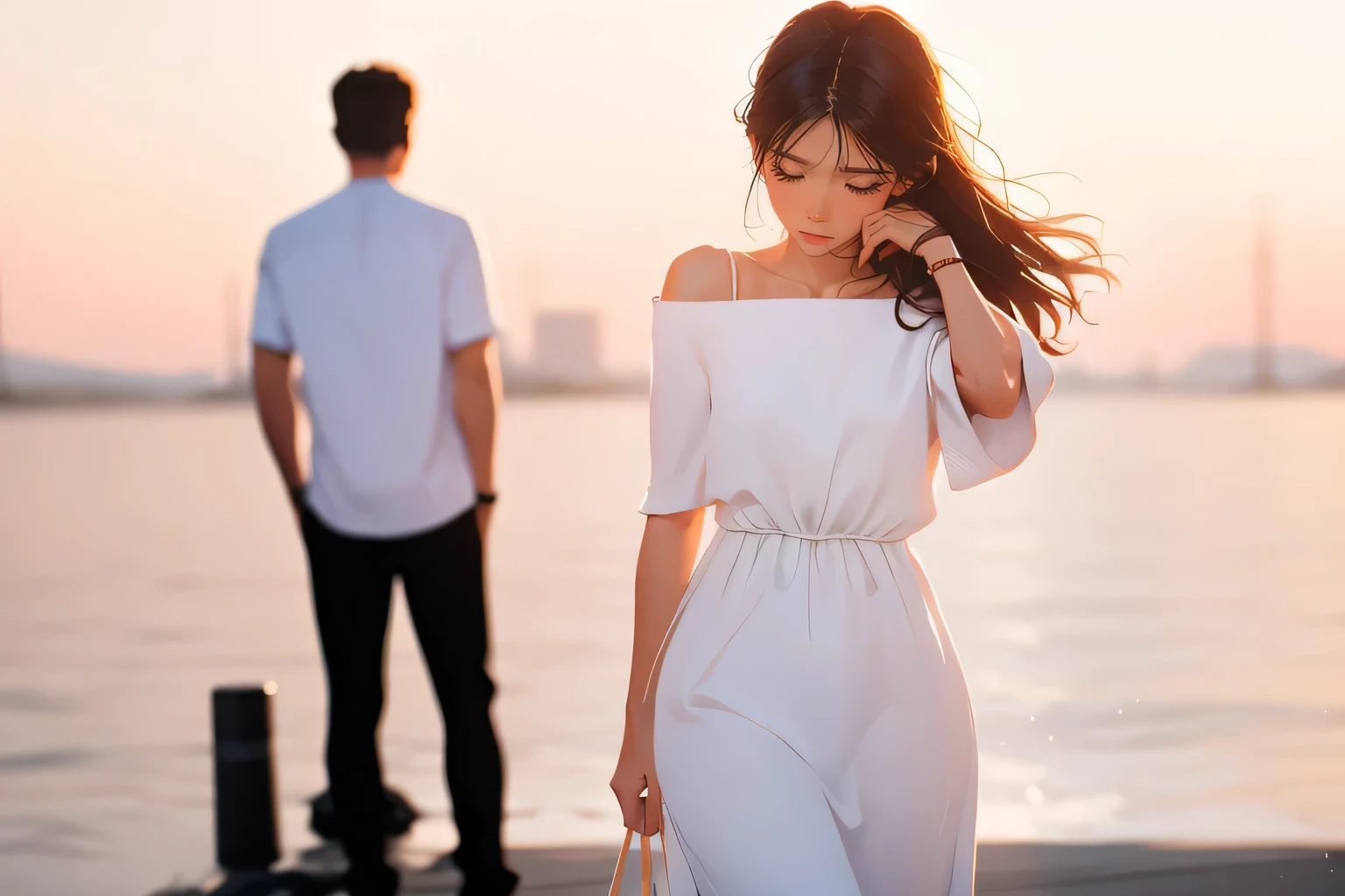 A woman wearing a white dress is standing behind the man., I wipe my tears while crying, emotional picture, looking sad, attractive girl, looking at her shoulder, moving away from the camera, battered, movie film stills, Looking over your shoulder, Refined, a scene from a movie, Half image, feeling sad, Photo shoot