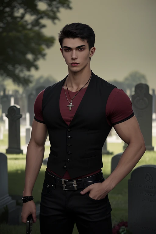 20-year-old boy of French descent, muscular build, slim, dark red shirt, black vest, black jeans, looking straight at the viewer in the background of a cemetery, holding a dagger, black belt with a vampire-shaped buckle