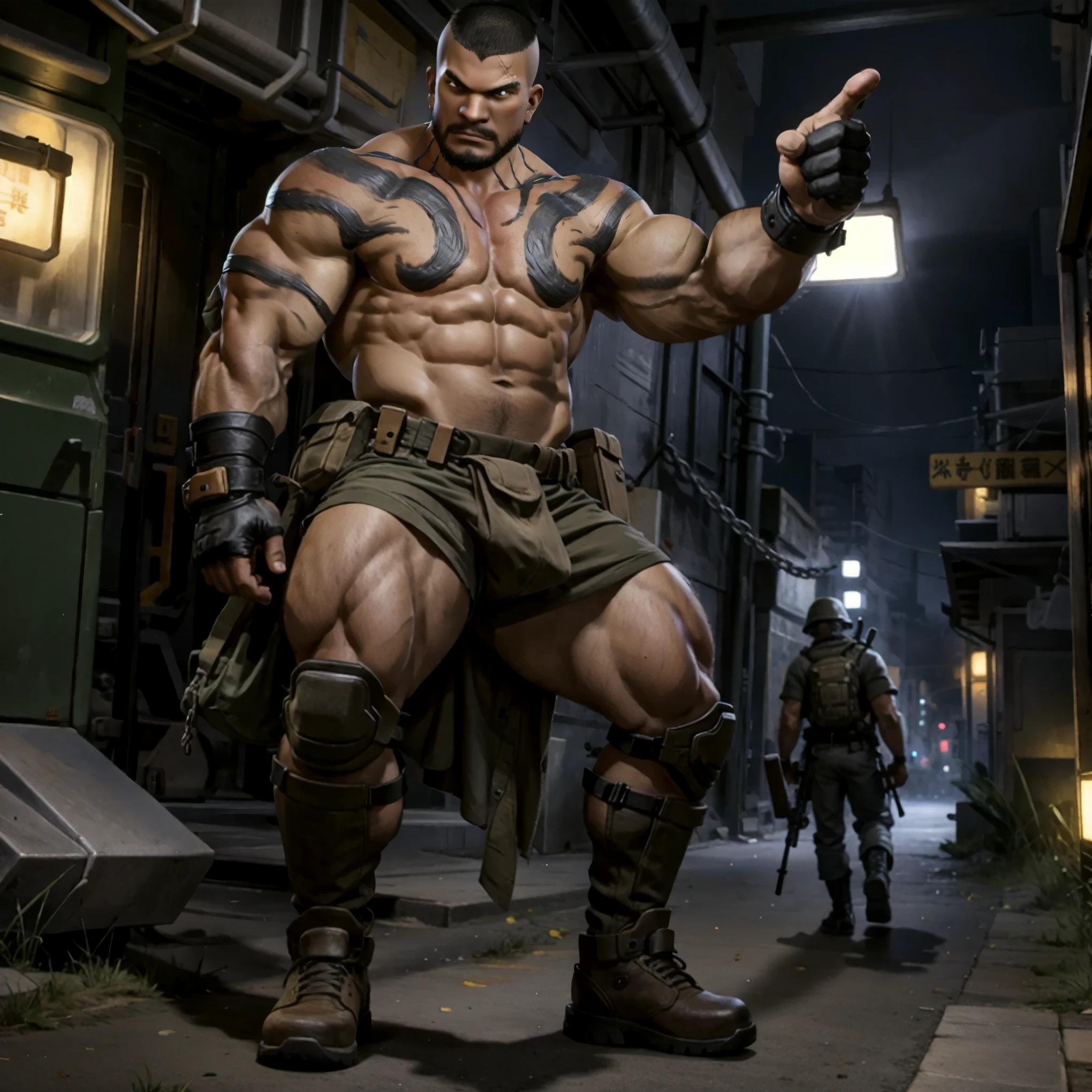der riese、Muscle men、a chinese male、Doomsday style,gaming character,Armed with a heavy machine gun,Wear military boots,There are bullet chains on the body,A 2-meter-tall giant,Various gestures,Asian male face,A fierce-eyed