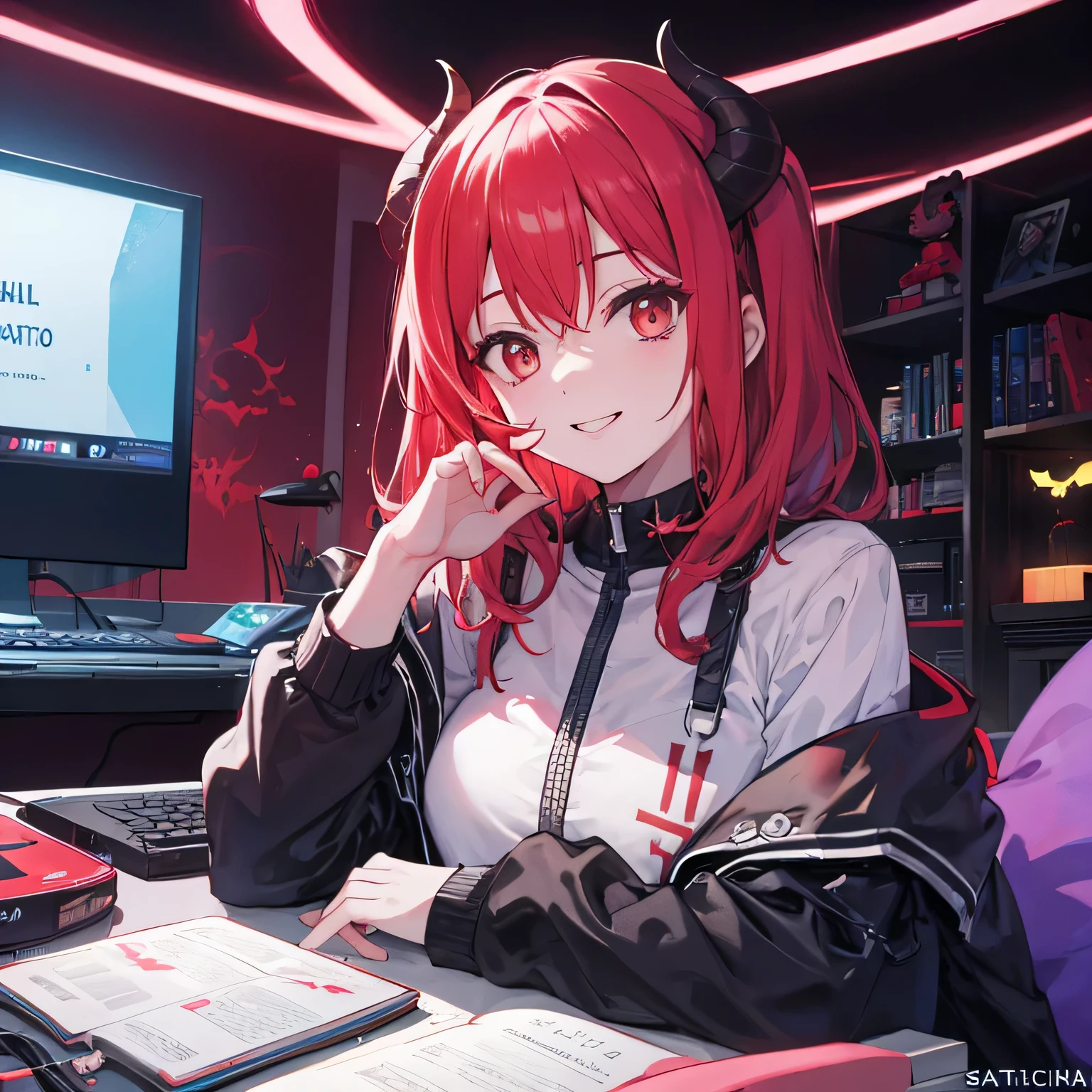noche tranquila en el cuarto de Satanichia mcdowell con una carita sonriente stremeando en su PC gamer con luces RGB (cabello rojo con flecos) 