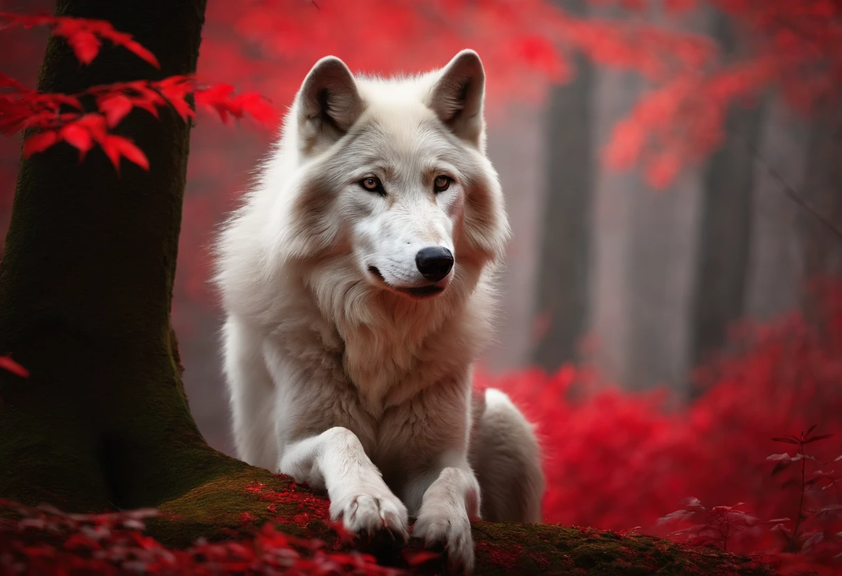 (masterpiece, best quality:1.2), realistic white wolf , in the ancient forest, in a red dream world, red forest, in a red forest, amazing depth, red mood in background, shades of red, photography