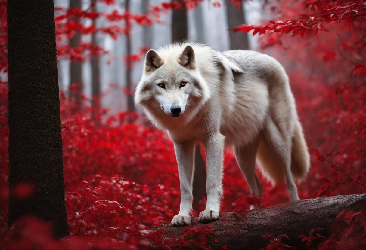 (masterpiece, best quality:1.2), realistic white wolf , in the ancient forest, in a red dream world, red forest, in a red forest, amazing depth, red mood in background, shades of red, photography