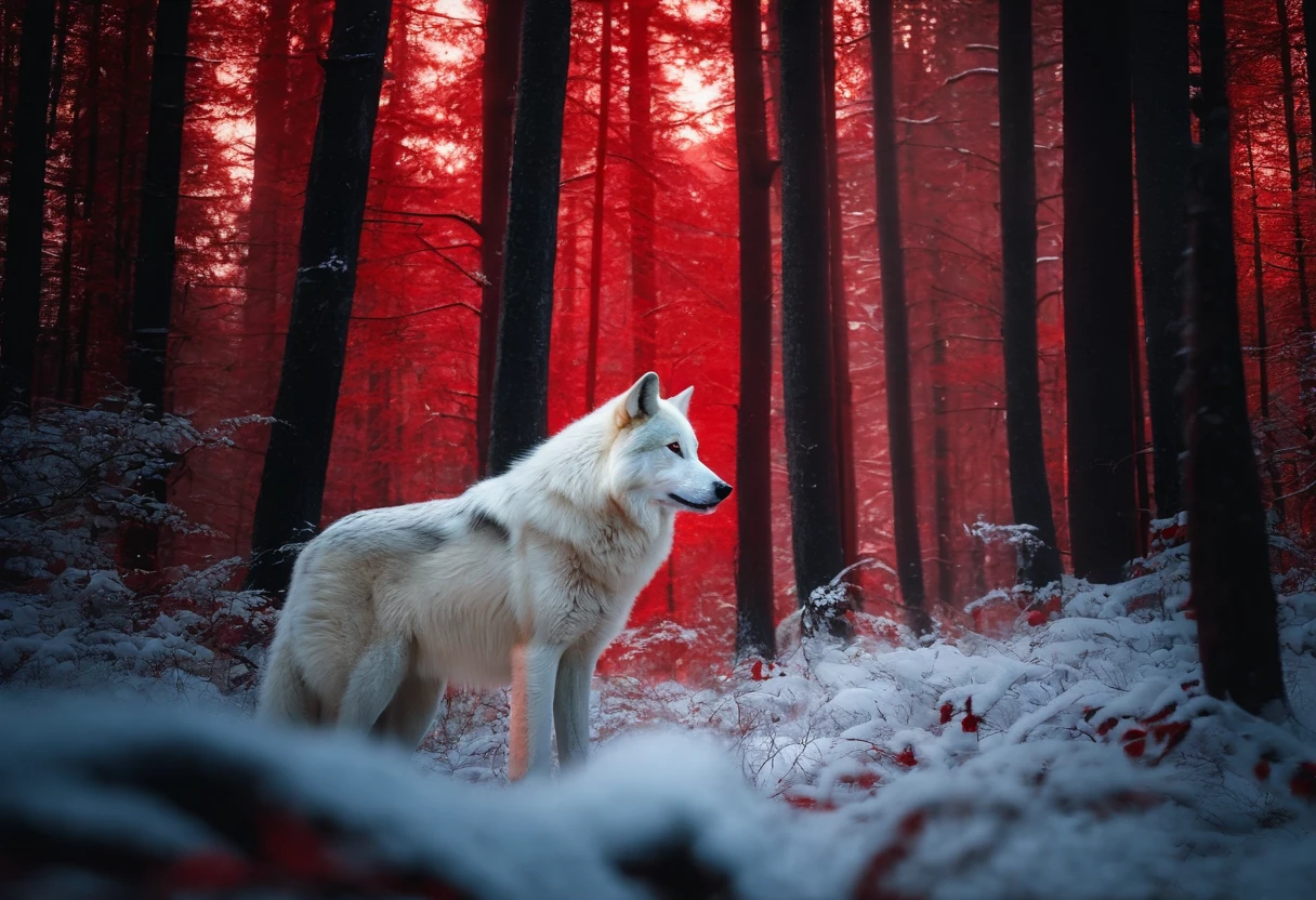 (masterpiece, best quality:1.2), realistic white wolf , in the ancient forest, in a red dream world, red forest, in a red forest, amazing depth, red mood in background, shades of red, photography