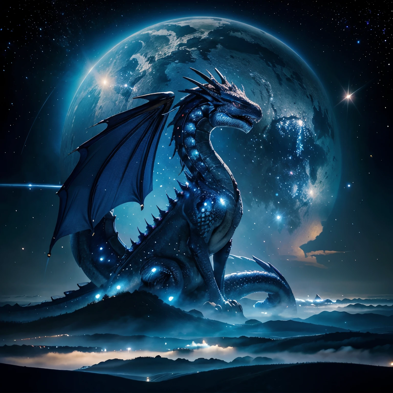Dragon chinois, bleu, paysage prairie, galaxies, ailes de plumes, majestueux, 