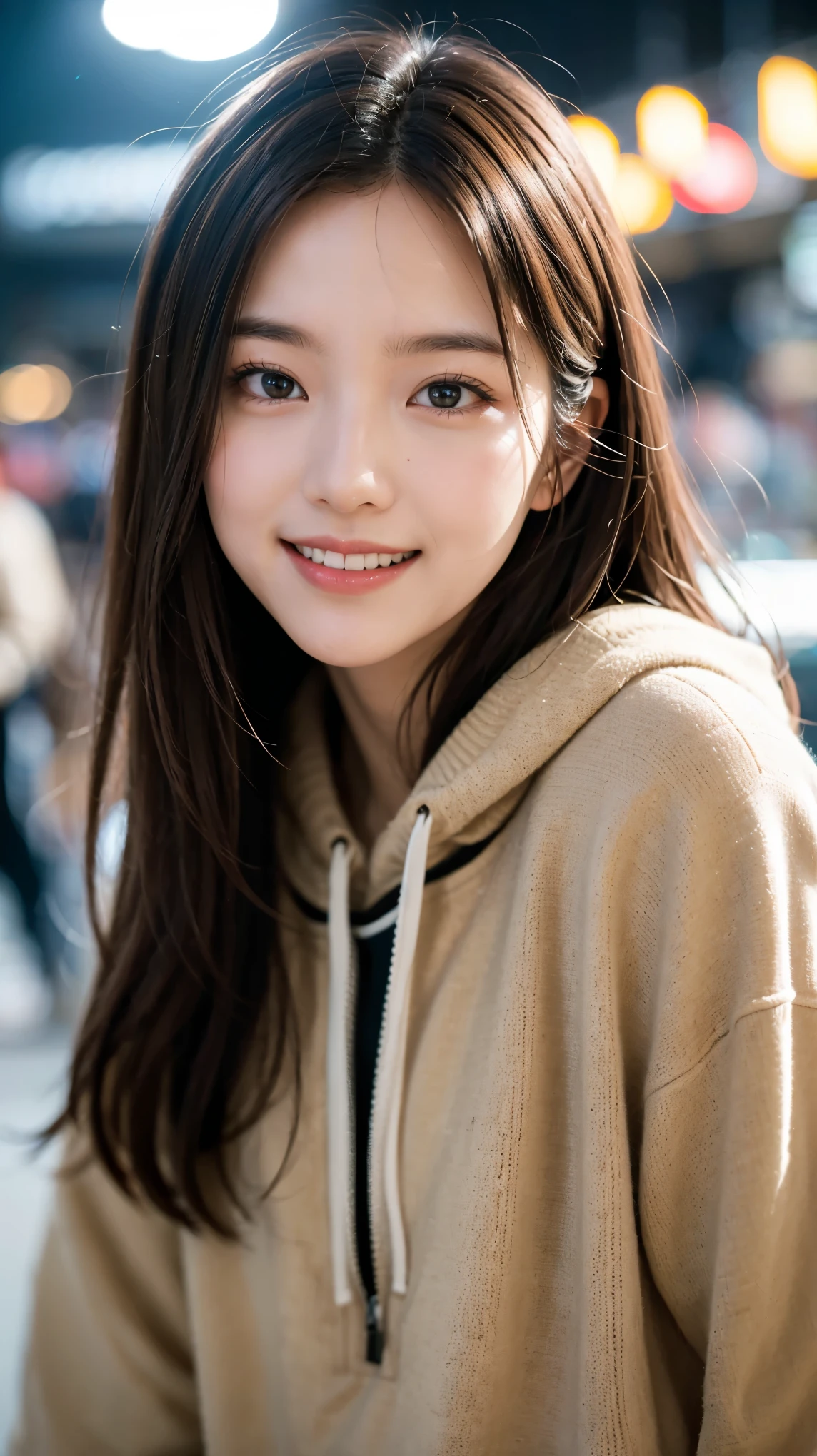 (masterpiece, highest quality, beautiful girl, cute face:1.2), (close your face:1.2), 8K, official art, Raw photo, disorganized, Wear warm clothes to go out on the town in the cold season, view audience, thin, teen, face light, film grain, chromatic aberration, sharp focus, A very happy smile, Showing a little teeth, dynamic lighting, cinematic lighting, face photo, upward glance