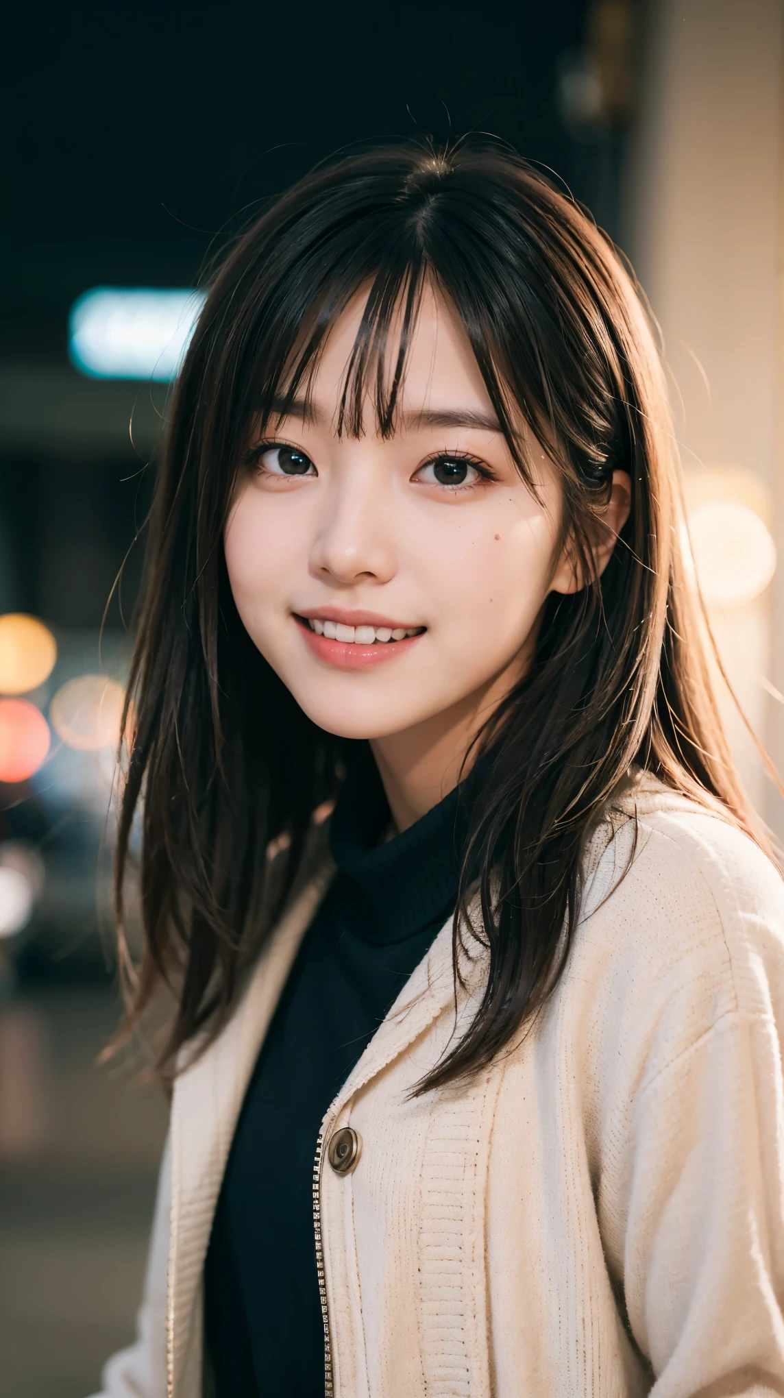 (masterpiece, highest quality, beautiful girl, cute face:1.2), (close your face:1.2), 8K, official art, Raw photo, disorganized, Wear warm clothes to go out on the town in the cold season, view audience, thin, teen, face light, film grain, chromatic aberration, sharp focus, A very happy smile, Showing a little teeth, dynamic lighting, cinematic lighting, face photo, upward glance