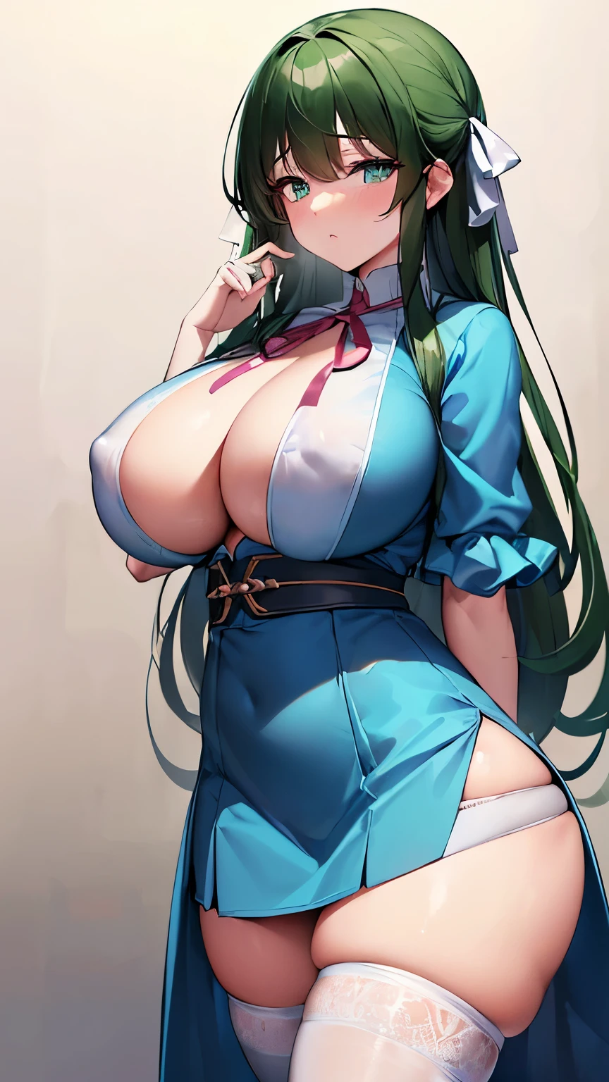 (8K, highest quality, master piece:1.2),\(green eyes\),(\(Clothing details\)\),cowboy shot,(huge ???) ,Highly detailed CG Unity 8k Huge file size,super detailed,High resolution,absurd,beautiful eyes,ray tracing,dramatic shadow,finely,hyper detail,(1 girl:1.3),(alone),(),wearing(cosplay、A wizard in a cute blue dress),blush、((big thighs))、hot、sigh、simple background、Thighhighs、((I can see her cute white panties with ribbons))、facing the front、hard ???????