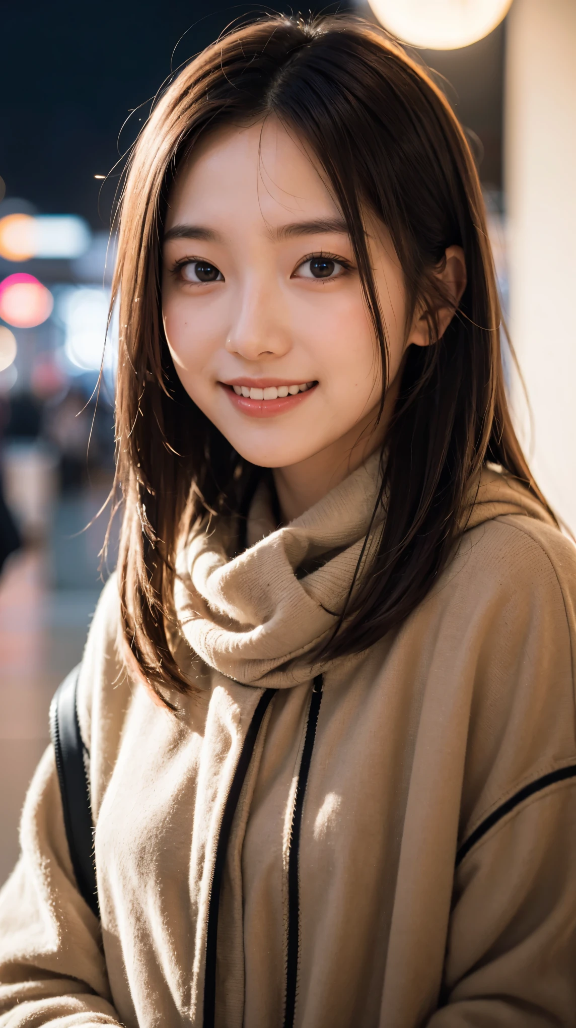 (masterpiece, highest quality, beautiful girl, cute face:1.2), (close your face:1.2), 8K, official art, Raw photo, disorganized, Wear warm clothes to go out on the town in the cold season, view audience, thin, teen, face light, film grain, chromatic aberration, sharp focus, A very happy smile, Showing a little teeth, dynamic lighting, cinematic lighting, face photo, upward glance