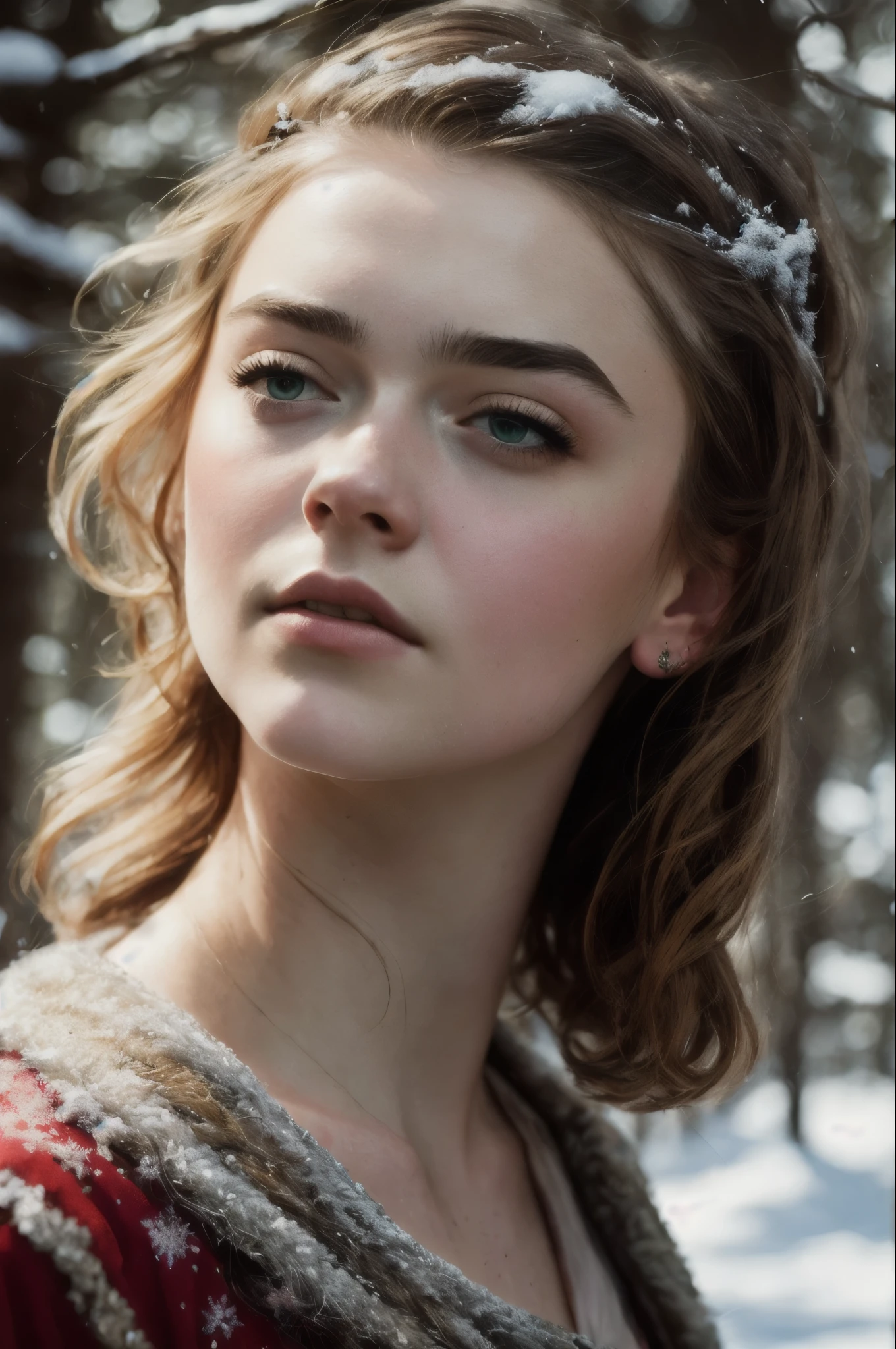 portrait painting of 1girl, face mix of Maisie Williams and Elle Fanning, elf, blonde hair, blue eyes, green dress, Upper body focus, Nordic goddess, intricate, cinematic lighting, styled hair, fantasy movie, genre fantasy, artistic cinematography, premium quality fantasy movie color grading, upper body shot, detailed skin, fantasy, snowy nordic forest, modelshoot style, (extremely detailed CG), photo of beautiful artwork, (Antonio Moro), (Jeremy Mann), High Detail, Sharp focus, dramatic, oil painting, realistic