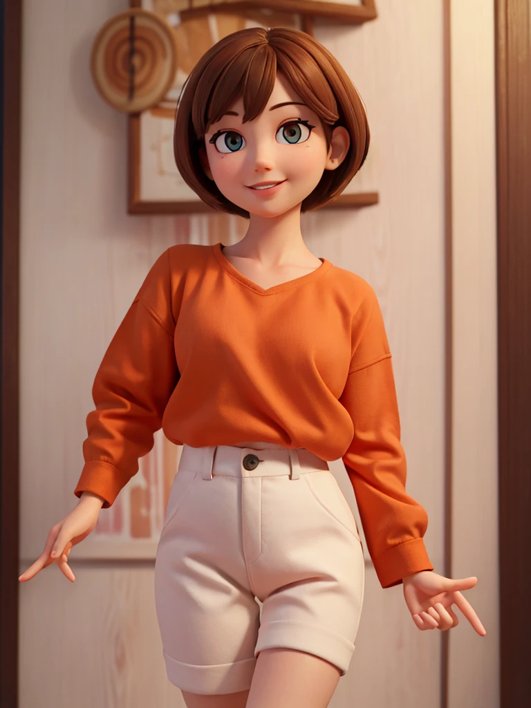 (highres, masterpiece: 1.2), realistic, portrait, man, detailed eyes, detailed lips, detailed human face, orange shirt color with a target in the middle, short brown hair, friendly expression, smiling, standing, and pointing for something, with confidence, white background, warm lighting.
