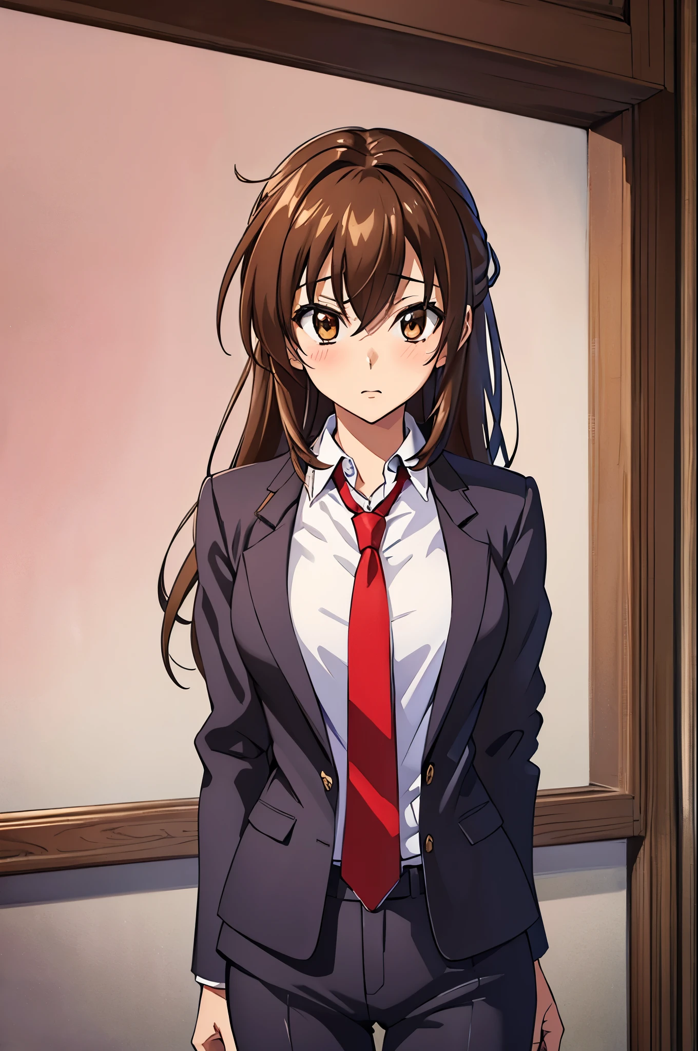 (masterpiece, best quality:1.2), expressive eyes, perfect face, highres, 1girl, solo, (female:1.5), issei_hyoudou, long hair, long sleeves,  jacket, necktie, red necktie,  shirt, pants, blushing, standing, portrait, looking at viewer,