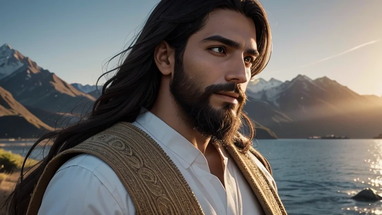 Por favor, crie uma imagem de Jesus Cristo em detalhes, including his masculine physical appearance, male facial expression with beard, Clothing and the scenery around you. Imagine-o em uma cena serena e inspiradora, cercado por uma aura de luz divina. Detail each element of the scene with precision, from the features of the face to the smallest details of the clothes. Convey the feeling of peace, love and compassion that is associated with Him. Emphasize the beauty and serenity of your divine presence, capturing your essence in a way that inspires reverence and devotion