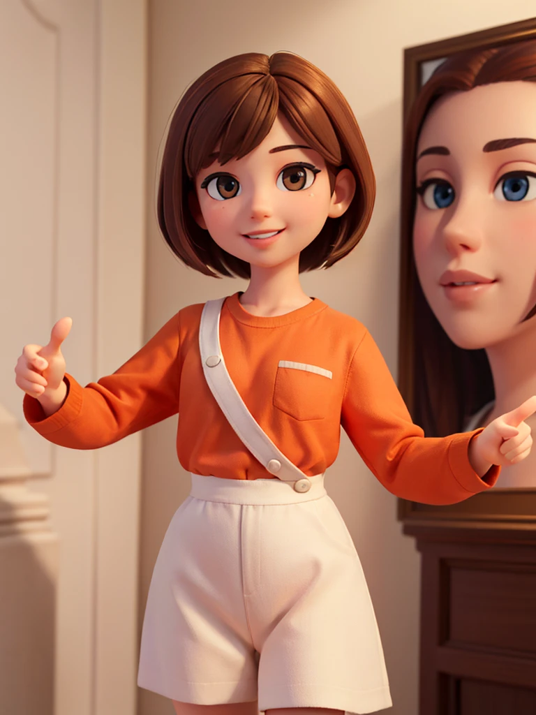 (highres, masterpiece: 1.2), realistic, portrait, man, detailed eyes, detailed lips, detailed human face, orange shirt color with a target in the middle, short brown hair, friendly expression, smiling, standing, and pointing for something, with confidence, white background, warm lighting.