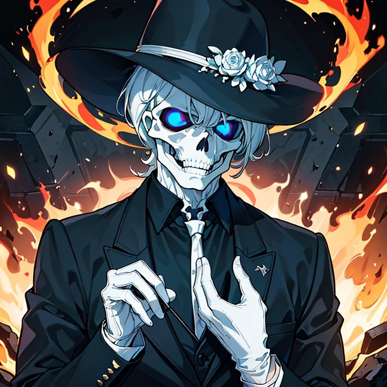 (best quality,4k,highres,masterpiece:1.2), ultra-detailed,(realistic:1.37)
A civilized Undead human skeleton, wearing a modern handsome black suit, Black fedora, white gloves, controlling The Fire that cintilates around him, portait, dark atmosphere, vibrant colors, professional lighting