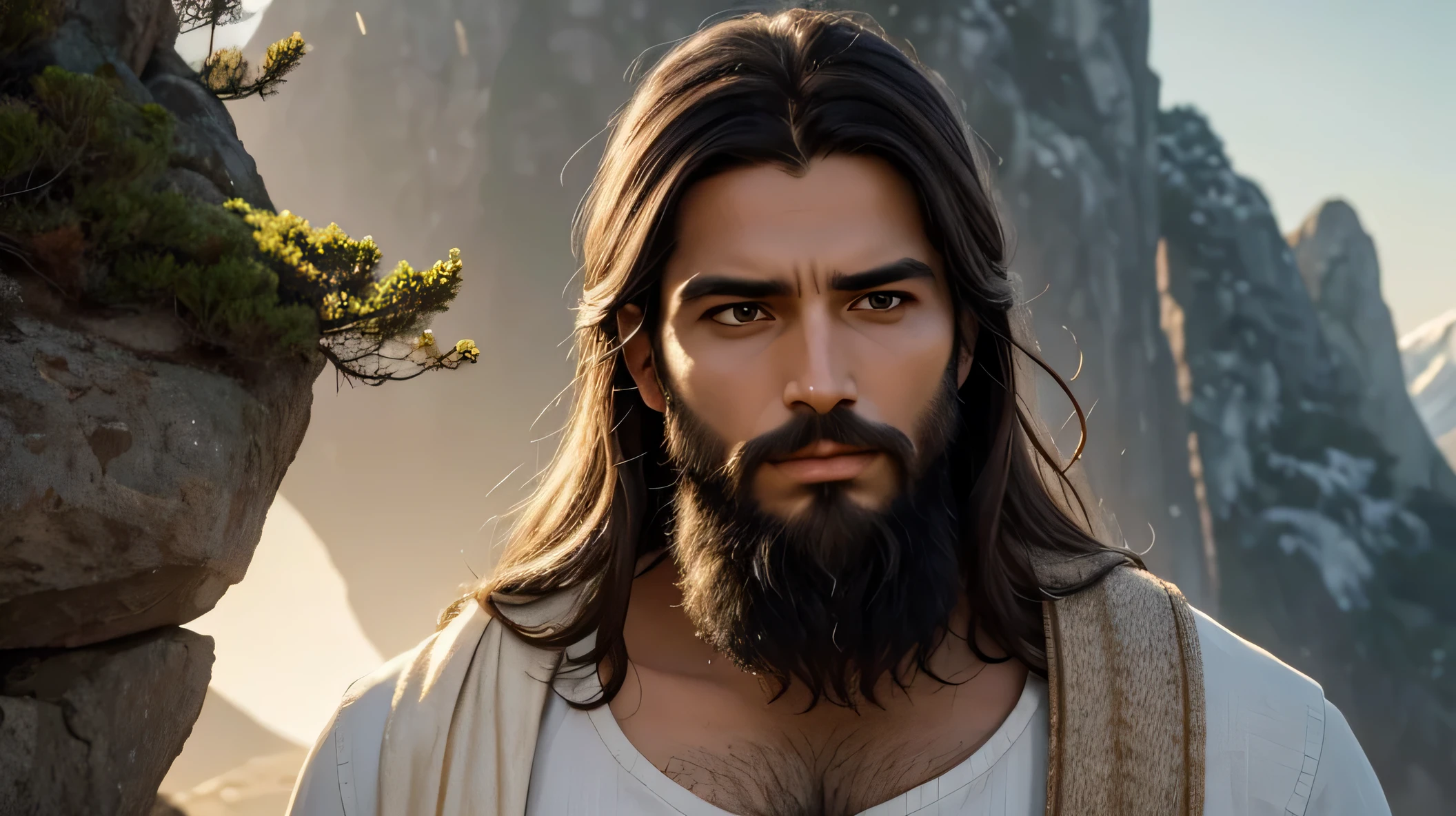 Por favor, crie uma imagem de Jesus Cristo em detalhes, including his masculine physical appearance, male facial expression with beard, Clothing and the scenery around you. Imagine-o em uma cena serena e inspiradora, cercado por uma aura de luz divina. Detail each element of the scene with precision, from the features of the face to the smallest details of the clothes. Convey the feeling of peace, love and compassion that is associated with Him. Emphasize the beauty and serenity of your divine presence, capturing your essence in a way that inspires reverence and devotion