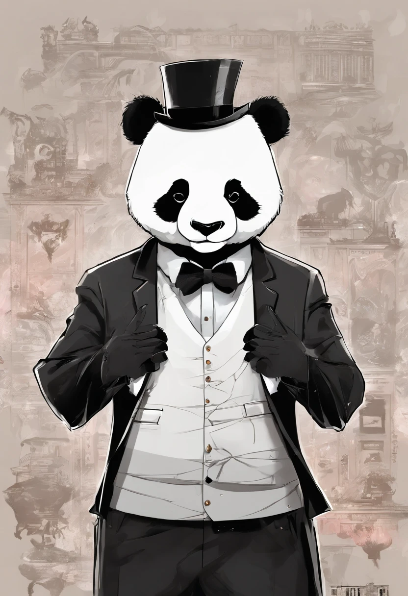 anthropomorphic panda, de cuerpo entero, vestido formalmente con un blazer, sostiene una bandeja, pegatina de panda, sticker de panda.