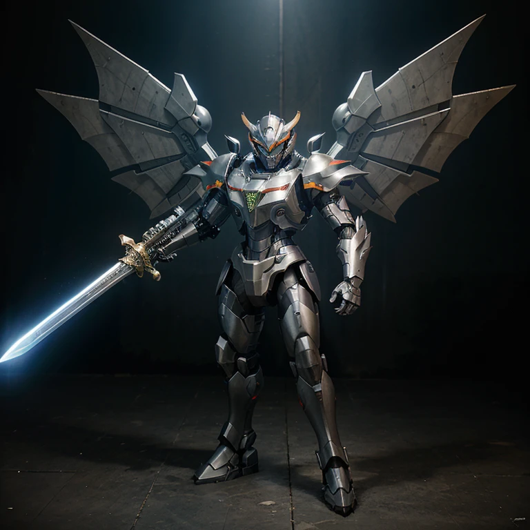 A mecha with a Godzilla chest plate, magnificent energy wings, vorpal helm and an awesome sword. Add some digimon flare for fun