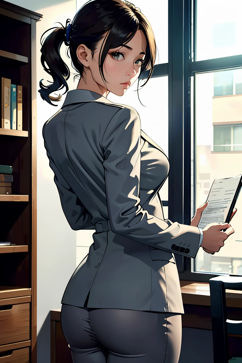 ((highest quality)), ((masterpiece)), (be familiar with), (High definition), (real), 8K, best shadow, side lighting, cinematic、low contrast、(Complex:1.4)、(1 Office Lady)、milf、Grey color pantsuit、Panty lines are showing、Holding a file box in hand、(Calf close-up:1.2)、(back view)、hidden camera photos、View from below looking up at the rear、(Cabinet bookshelf in a bright office)