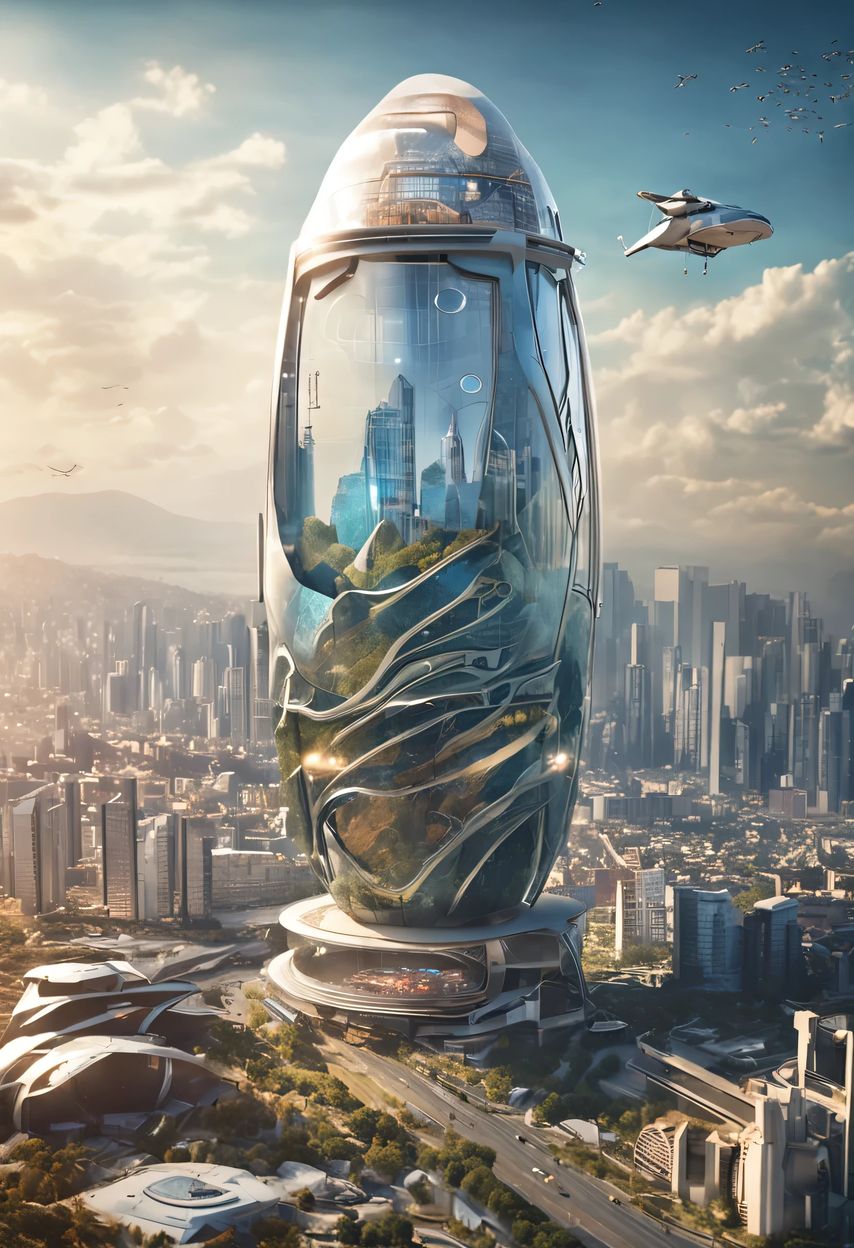 future cargo ship, design oval, cabine transparente showing piloto, flying at altitude over a city with gleaming buildings on a planet illuminated by the midday sun,  (4K, 16K, masterpiece, raw photo, best quality, details), (beautiful, aesthetic, perfect, delicate, intricate)