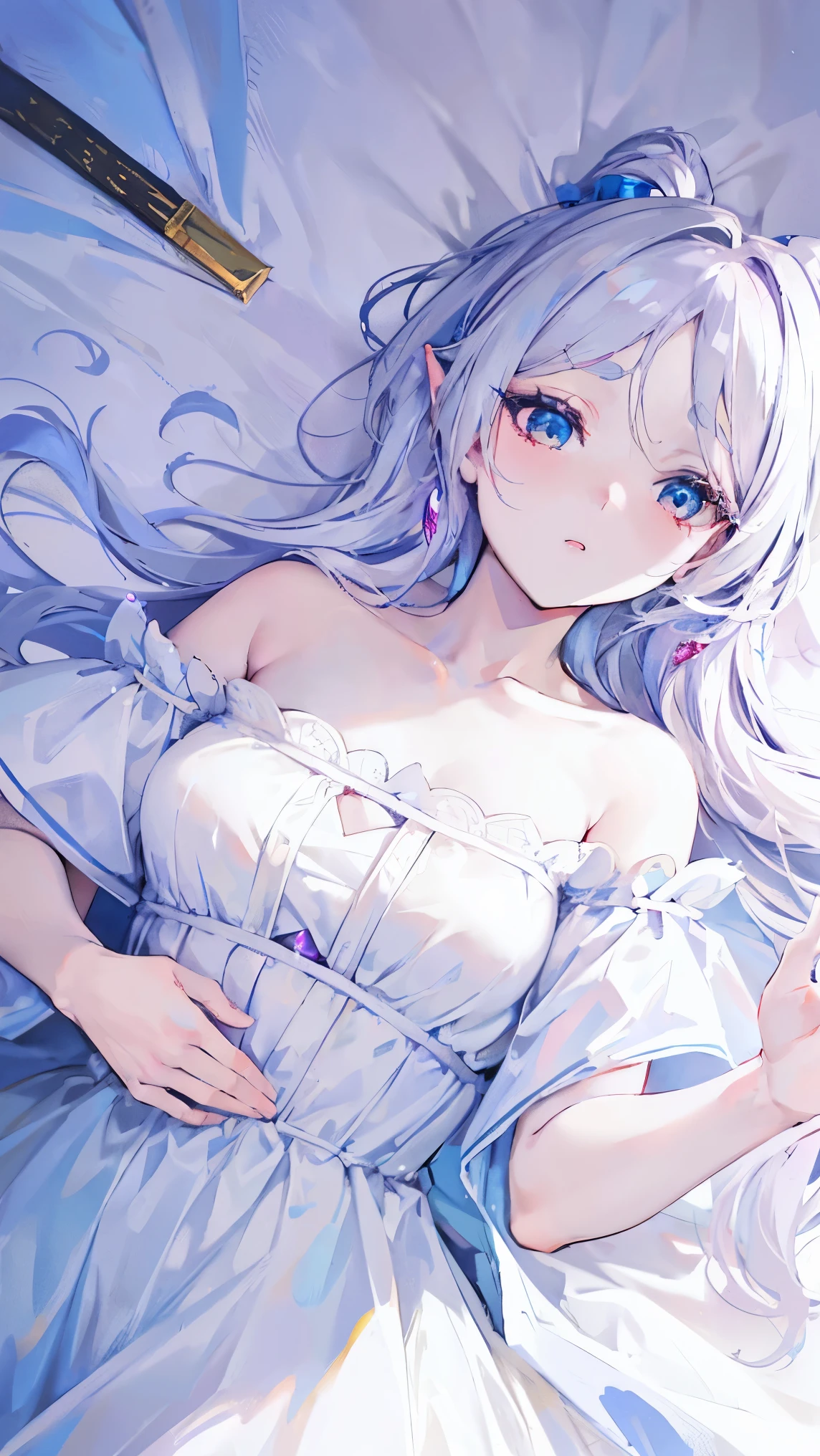 (Masterpiece, Best Quality: 1.4), Detailed Background, White Crystal, Crystal Cluster, Long Hair, Jewelry, Earrings, Necklace, Crown, Bride, White Hair, Halo, (Overlook), Dynamic Angle, Ultra Detailed, Illustration, Close Up, Direct Look, 1girl, (Fantasy: 1.4), (Purple Eyes: 1.233), Her Eyes Shine Like Dreamy Stars, (Glow Eyes: 1.233), (Beautiful and Delicate Eyes: 1.1), (Silver Hair: 1.14), (Messy Hair, Very Long Hair, French braids, hair between the eyes, side hair), (+(blue hair flower: 1.14)), (chiffon dress, uniform blue flower pattern)/= (military uniform: 1.24), (split sleeves, wide sleeves), (fingerless gloves), choker, (miko thighhighs), high heeled boots, (expressionless, shut up), (standing), (classical princess boudoir with dresser floor-to-ceiling windows white ancient palace), (white flowers, blooming), (deep sea), (flowing water), (dark blue world tree:1.14),(Ruins),(Night:1.2),dreamy,Soul,(fluorescent),(Flying Translucent Blue Butterfly:1.15),[Delicate Fingers and Hands:0.55]::0.85], (Finger Detail), (Yubao:0.5)
