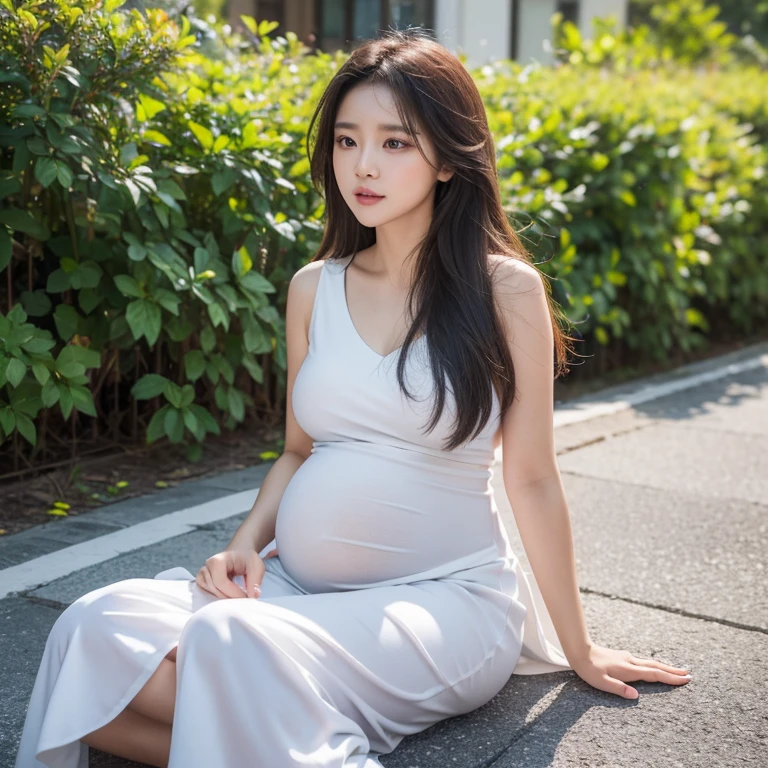 (8K, best quality:1.2), (masterpiece:1.37), (photo, photoactual:1.37), (ultra high resolution), Full body, Asian pregnant woman at 40 weeks, long skirt, Chaeyoung From Twice, (The body details are very rich, Face, And eyes), huge belly, Expired pregnancy, masterpiece, best quality, (highly detailed photo:1.1), (ecstatic:1.1), sharp, actual, true shadow, 3d, photographed by Canan EOS R6, 135mm, 1/1250 seconds, F/2.8, ISO 400