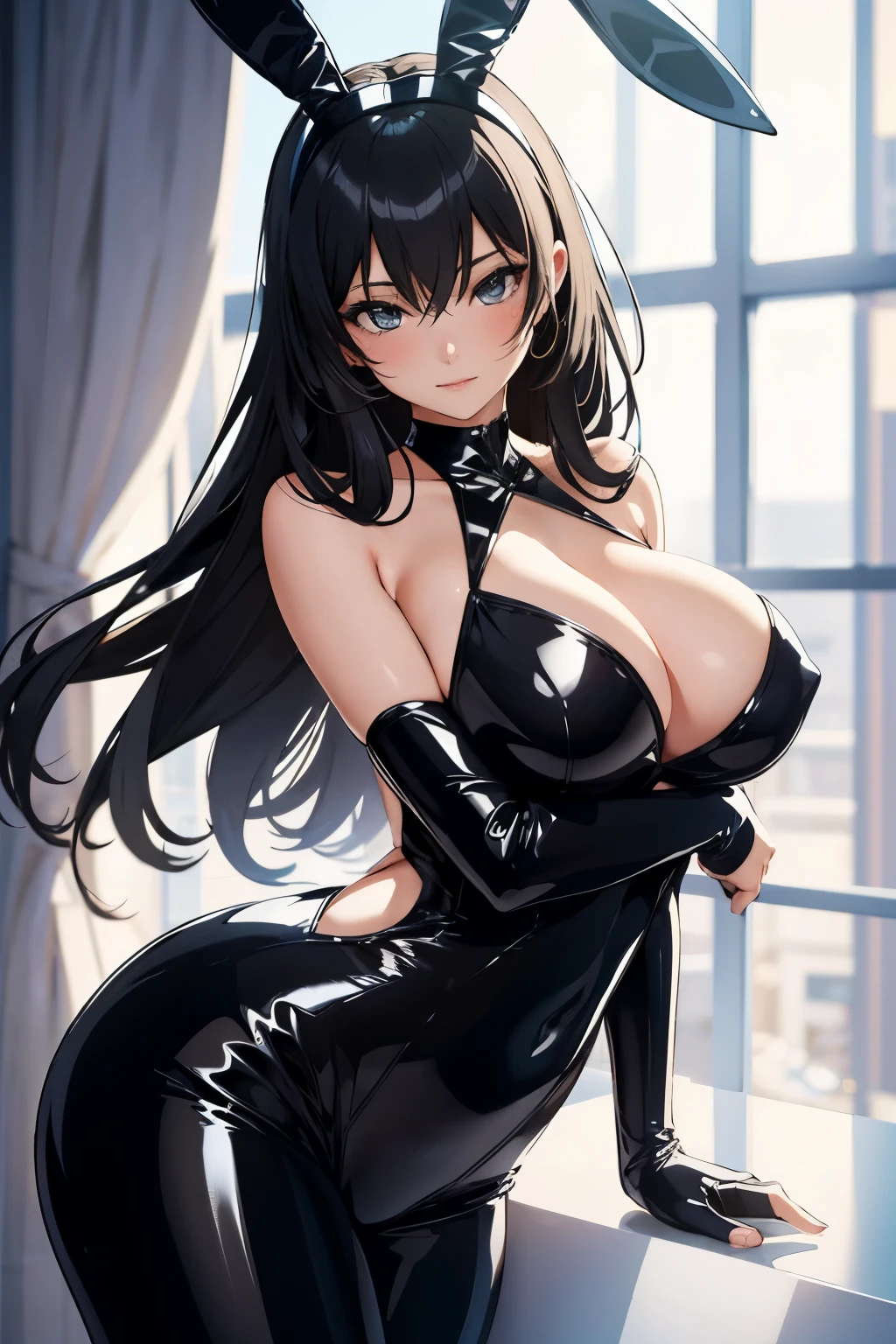 In the captivating image, a seductive bunny suit-clad woman adopts a provocative attitude, leaning forward with an alluring expression. The bunny suit, made of glossy black fabric, hugs her curvaceous figure, accentuating her slender waist and full ????. The suit features a white round tail decoration and black bunny ear headband, adding playful charm to her seductive demeanor. The background is blurred with a beautiful bokeh effect, drawing all attention to the woman's mesmerizing figure. With her lean body, she exudes a surreal, captivating allure as she leans forward, inviting the