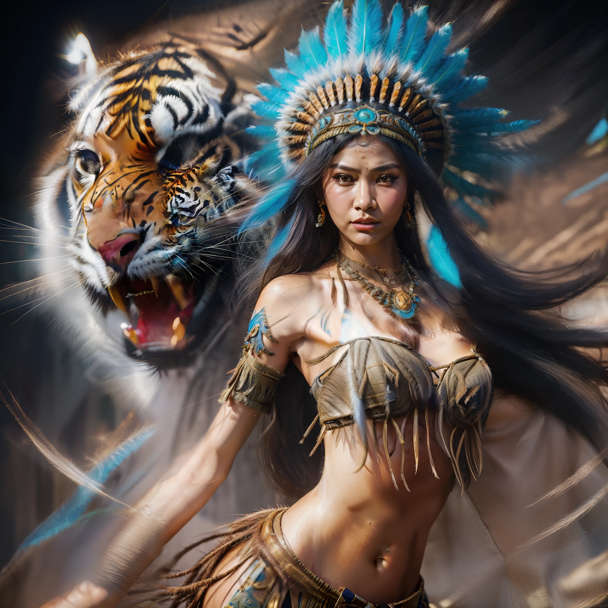 a close up of a woman in a native dress with a tiger, karol bak uhd, : native american shamen fantasy, fierce expression 4k, beautiful digital artwork, a beautiful woman warrior, amano and karol bak, warrior woman, amazing fantasy art, spirit warrior, warrior girl, digital art fantasy art, digital fantasy art )