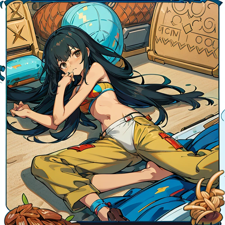 tanned skin anime girl with long hair wearing a cropped bikini top and cargo pants, hungry, exhausted, starving to death, dying from hunger, hunger torture, lying on the ground due to hunger, dying