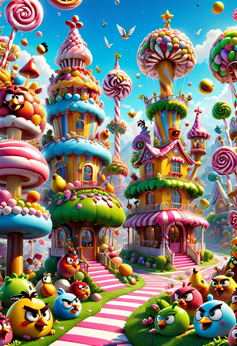 Candyland, angry birds, by Lisa_Frank, (masterpiece, best quality, Professional, perfect composition, very aesthetic, absurdres, ultra-detailed, intricate details:1.3)