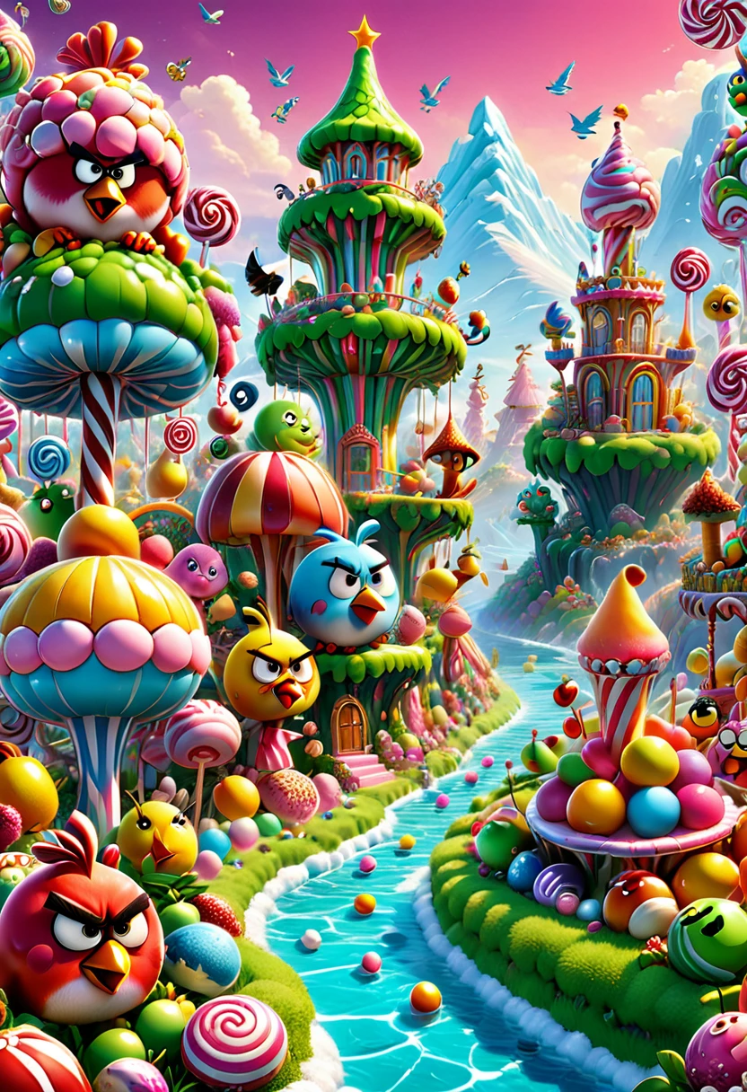 Candyland, angry birds, by Lisa_Frank, (masterpiece, best quality, Professional, perfect composition, very aesthetic, absurdres, ultra-detailed, intricate details:1.3)