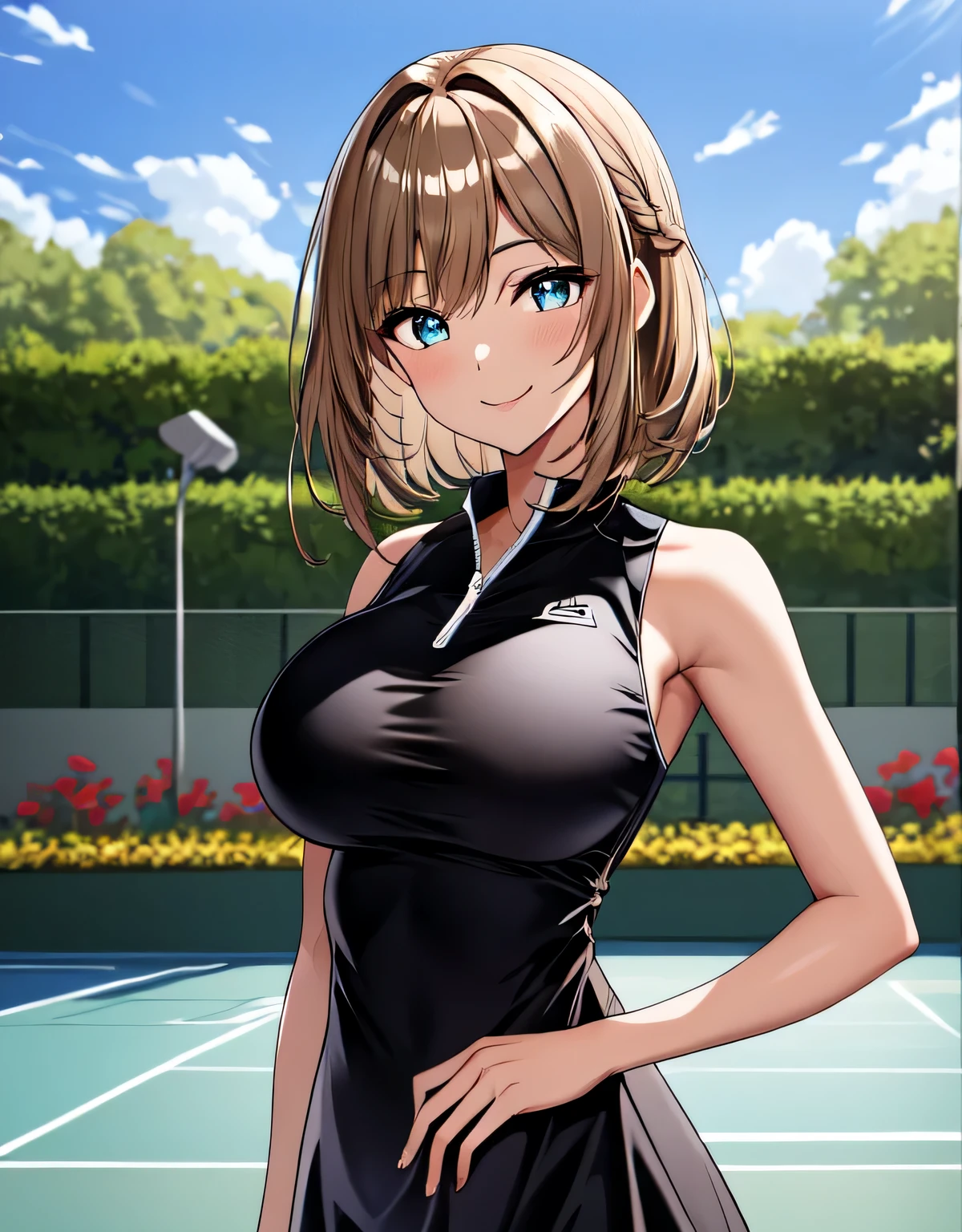 tennis dress,(shiny black tennis dress),(large breasts:1.5),(shiny hair),((solo)),((masterpiece)),((best quality)),perfect anatomy,slim waist,perfect image,8k UHD,(beautiful detailed eyes:1.3),extremely detailed face,standing,(upper body:1.2),(look at the front:1.5),arms behindback,ultra-detailed,absurdres,highres,outdoors,tennis court,smile,light brown hair,bangs,medium hair,beautiful skin,(shiny skin),