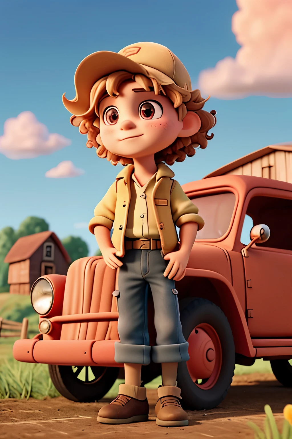 In the heart of a quaint, poverty-stricken farmstead, there resides a young boy named Toby. His golden curls peek out from underneath a tattered cap, his attire a motley of rags. The scene unfolds beneath the vast, 8K, HDR sky, where the sun sets, painting the horizon with hues of orange and pink.
As Toby stands at the edge of a weathered barn, he gazes at a magical moment: a Disney Pixar-style cartoon car, reminiscent of a vintage vehicle, zips past. Its vibrant colors dazzle against the mundane farm backdrop. The cartoon car's engine