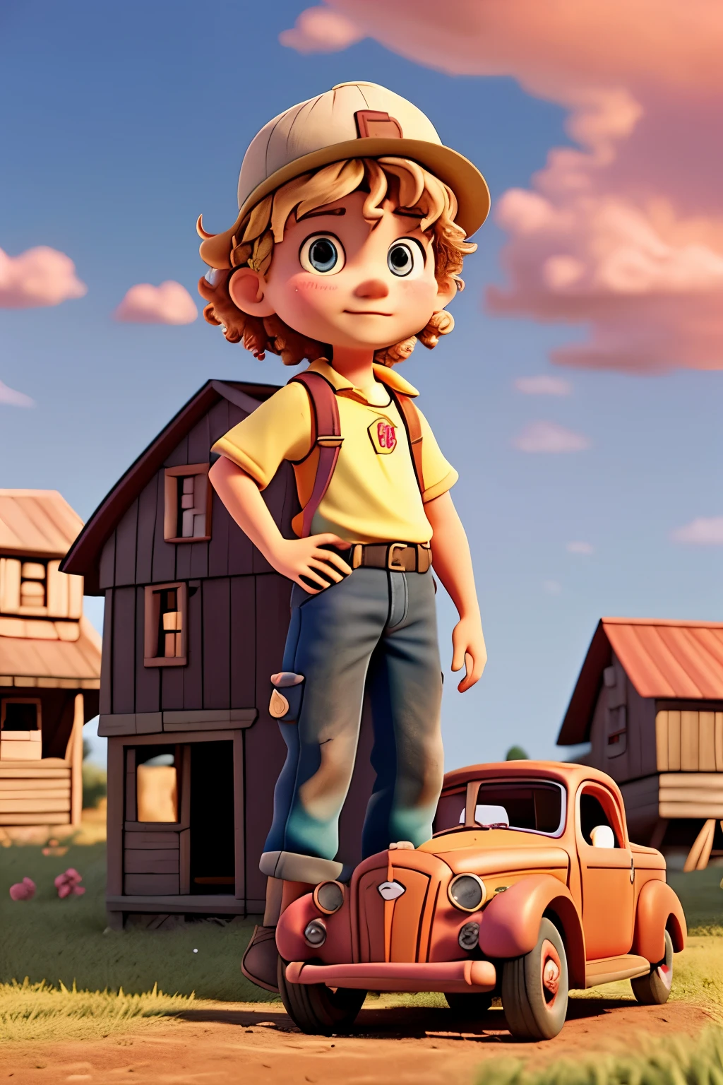In the heart of a quaint, poverty-stricken farmstead, there resides a young boy named Toby. His golden curls peek out from underneath a tattered cap, his attire a motley of rags. The scene unfolds beneath the vast, 8K, HDR sky, where the sun sets, painting the horizon with hues of orange and pink.
As Toby stands at the edge of a weathered barn, he gazes at a magical moment: a Disney Pixar-style cartoon car, reminiscent of a vintage vehicle, zips past. Its vibrant colors dazzle against the mundane farm backdrop. The cartoon car's engine