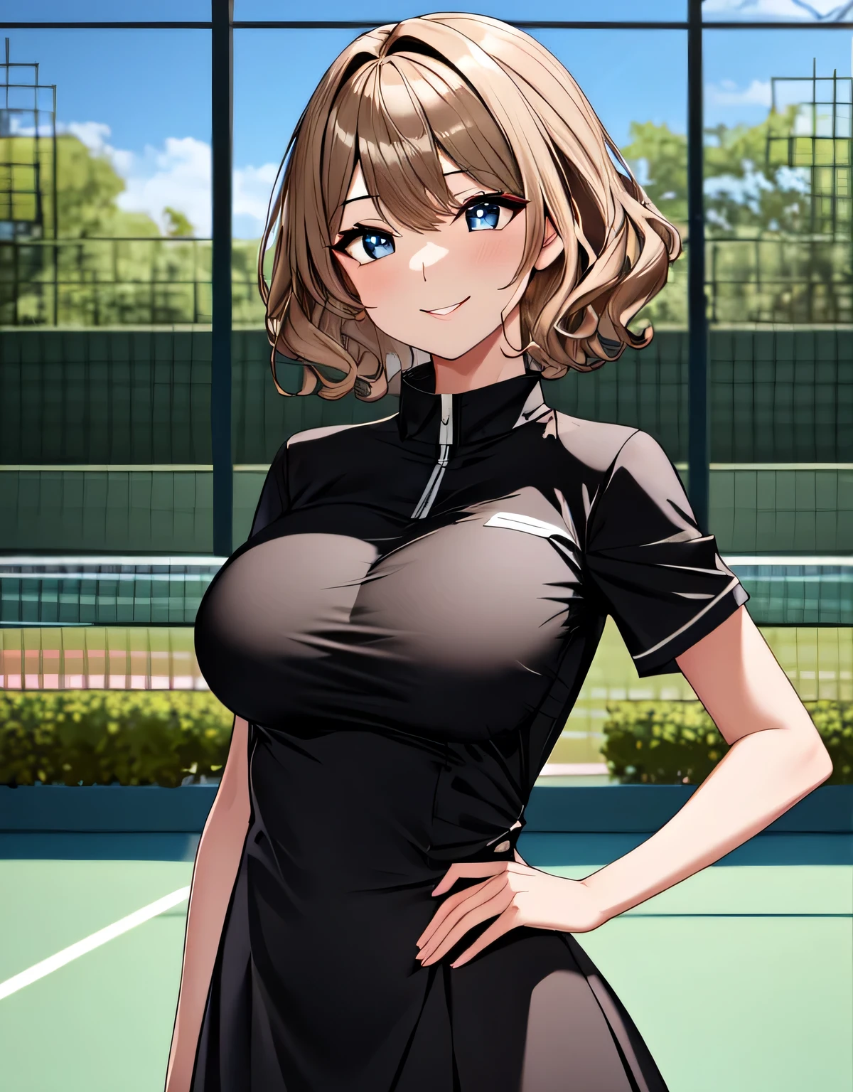 tennis dress,(shiny black tennis dress),(large breasts:1.5),(shiny hair),((solo)),((masterpiece)),((best quality)),perfect anatomy,slim waist,perfect image,8k UHD,(beautiful detailed eyes:1.3),extremely detailed face,standing,(upper body:1.2),(look at the front:1.5),arms behindback,ultra-detailed,absurdres,highres,outdoors,tennis court,smile,light brown hair,bangs,medium hair,beautiful skin,(shiny skin),