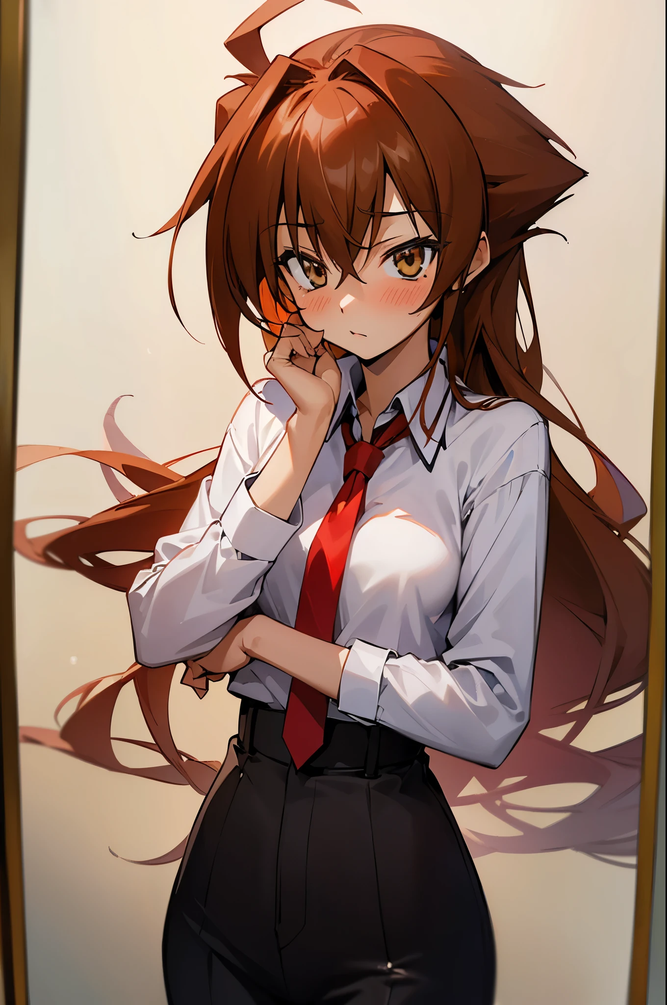 (masterpiece, best quality:1.2), expressive eyes, perfect face, highres, 1girl, solo, (female:1.5), issei_hyoudou, long hair, long sleeves,  jacket, necktie, red necktie,  shirt, pants, blushing, standing, portrait, looking at viewer,