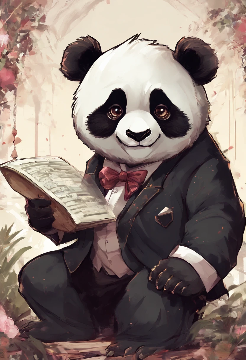 anthropomorphic panda, de cuerpo entero, vestido formalmente con un blazer, sostiene una bandeja, pegatina de panda, sticker de panda.