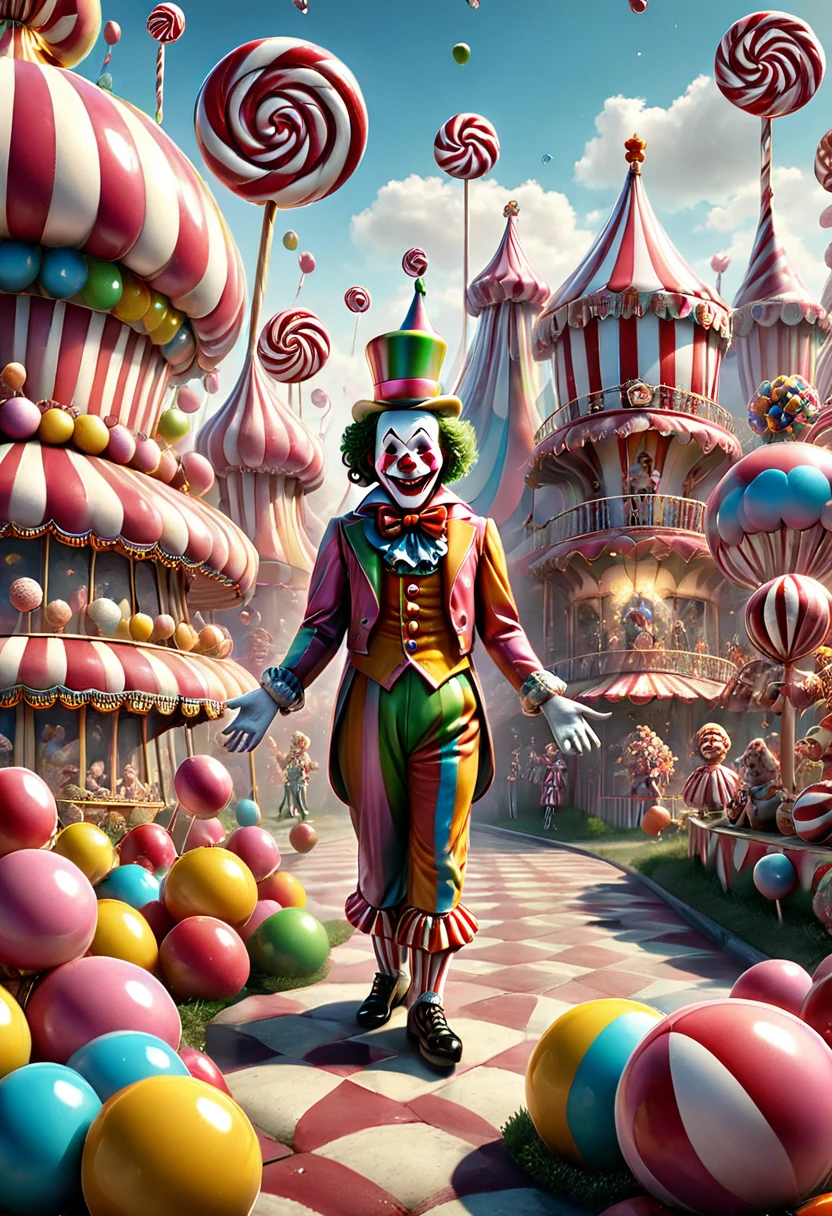 Candyland, circus troup, clowns, Joker perform, best quality, masterpiece, very aesthetic, perfect composition, intricate details, ultra-detailed