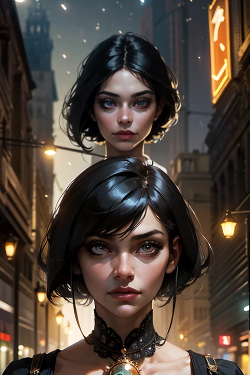 Masterpiece, Best quality, Miranda, (Half body shot,Street lighting poles,Qamar),Masterpiece, 1girl, single exposure, Beautiful woman in the bustling street, Surrounded by street vendors, Image of a beautiful goddess girl, Beautiful and detailed face, porcelain skin, (((Bust shot, center, a night, Black hair, short hair)), Ultra-soft lighting, perspective, complication, elegance, High detail, realism, art, concept art,