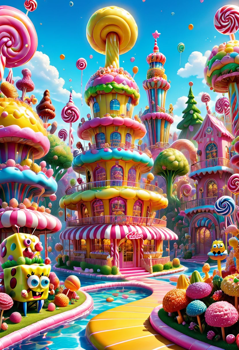 Candyland, SpongeBob SquarePants, by Lisa_Frank, (masterpiece, best quality, Professional, perfect composition, very aesthetic, absurdres, ultra-detailed, intricate details:1.3)
