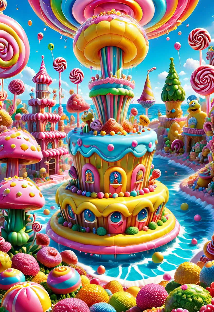 Candyland, SpongeBob SquarePants, by Lisa_Frank, (masterpiece, best quality, Professional, perfect composition, very aesthetic, absurdres, ultra-detailed, intricate details:1.3)