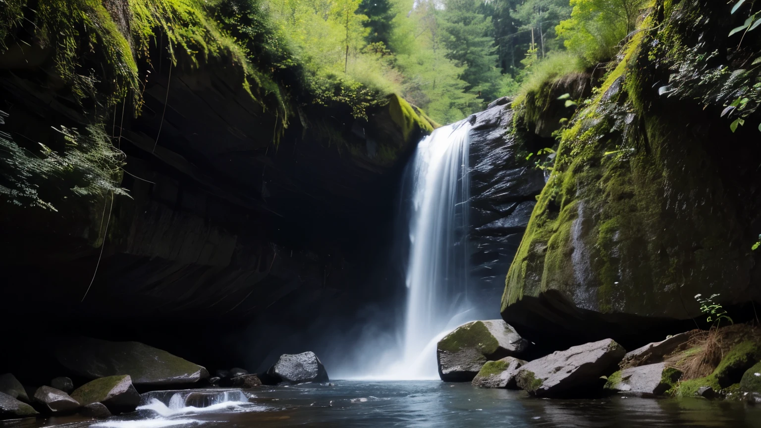 Mountain、forest、waterfall