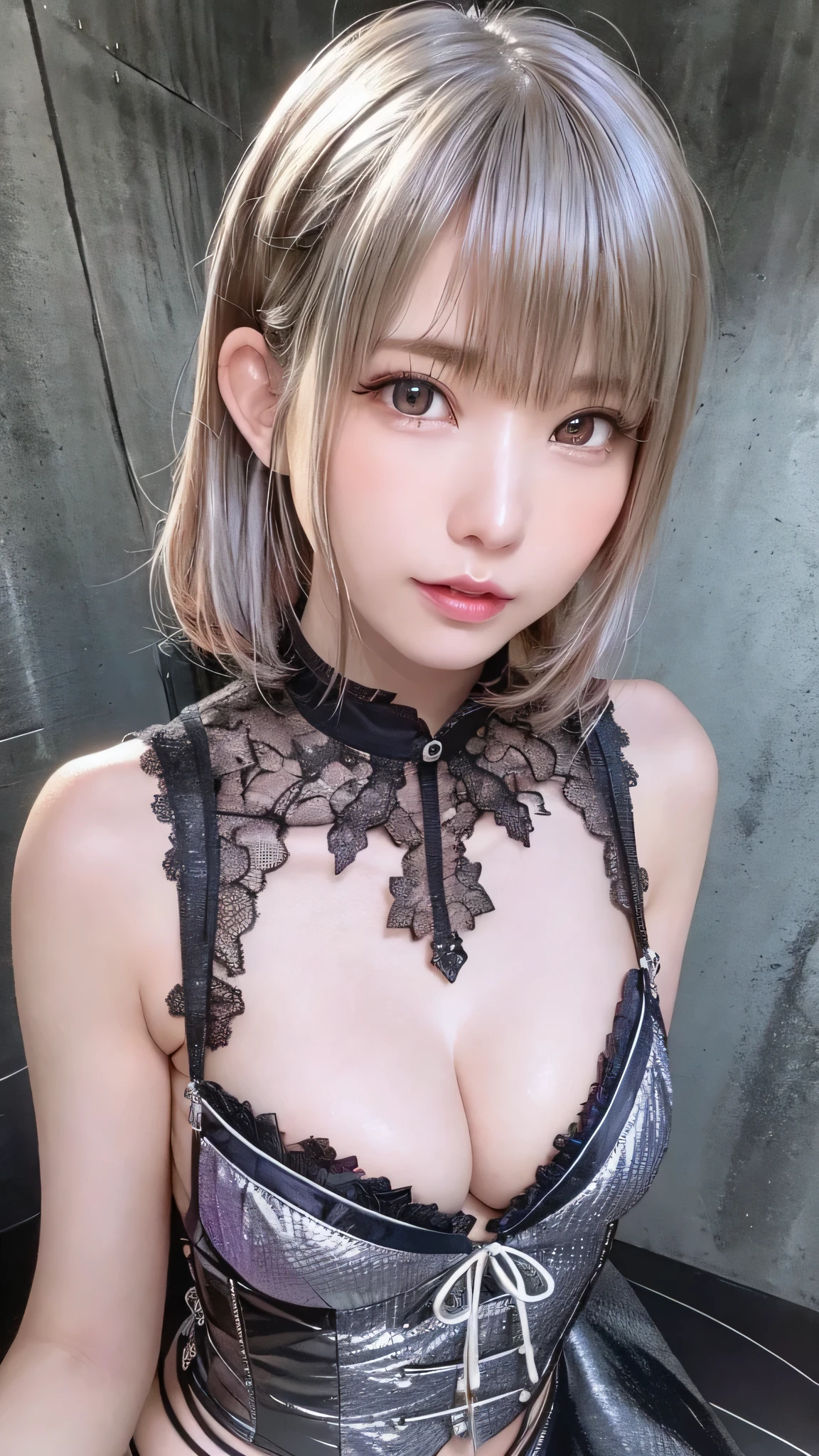 (thin eyebrows)、(((((closed mouth)))))、((Very strong sunshine))、((((beautiful silver hair))))、((small head))、(beautiful silver hair with short wavy:1.2)、full body shot、(((8K, RAW photo)))、 (((The face is cosplayer Enako))),(Shot from above in high-definition 8K)、(very delicate and beautiful)、(masterpiece)、(highest quality:1.0)、(超A high resolution:1.0)、realistic shadow、[High resolution]、 fine skin、super detailed、(beautiful hair)、Photoreal、lifelike face、big breasts thin waist、realistic eyes、small eyes、looking at camera、(((between the breasts)))、(eyeliner)、(mascara)、 Lips with pink lips、((Looks very happy))、show your shoulders、Complex patterns and transparent materials、Artistic depiction of a fascinating woman, Accentuates an attractive silhouette。That scene is、、sunbathing under the hot sun、Makes you feel the delicate beauty and charm of nature。(((intricate details))、advanced details、choker、NSFW,((highest quality、8K、masterpiece:1.3))、sharp focus:1.2、 (((Enamelled purple and silver corset)))、